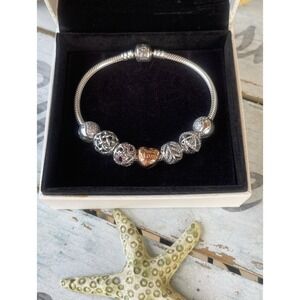 NIB Pandora Sterling Silver Charm Bracelet 19cm Retired Charms Mama/Mum Heart